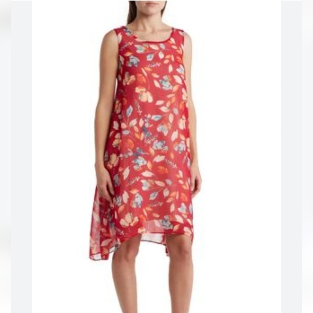 DANNA KARAN Floral Sleevesless Flare Red midi asymetrical dress size S NWT
